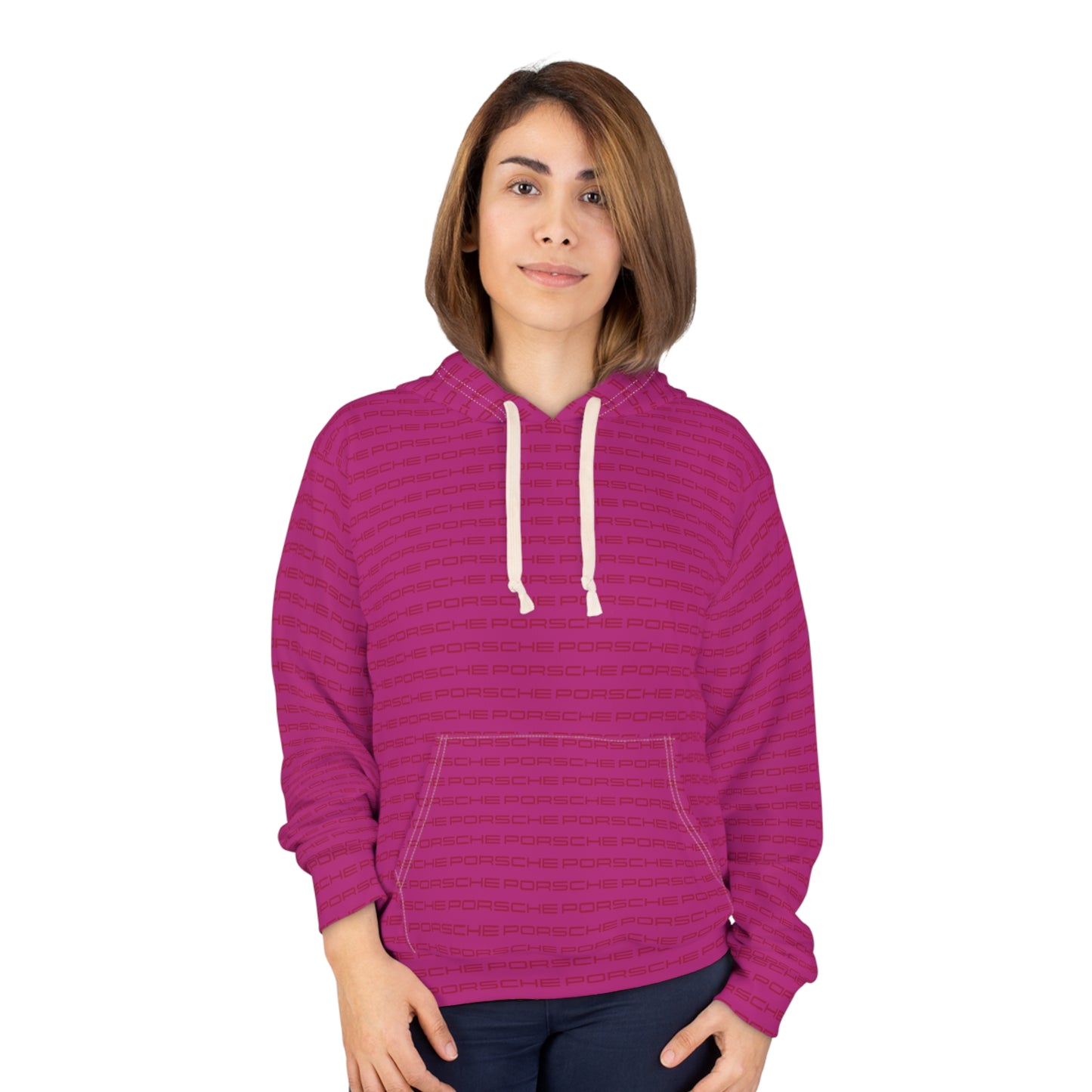 Vibrant Pink Unisex Porsche Logo Pullover Hoodie with Repeated Logo Design