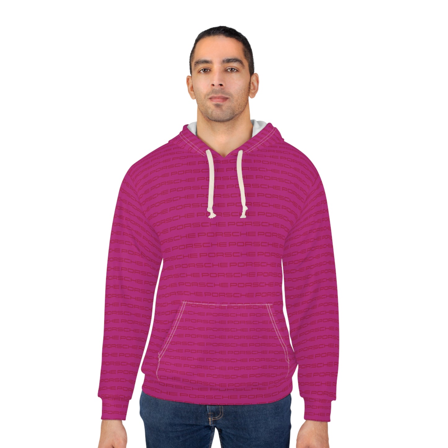 Vibrant Pink Unisex Porsche Logo Pullover Hoodie with Repeated Logo Design