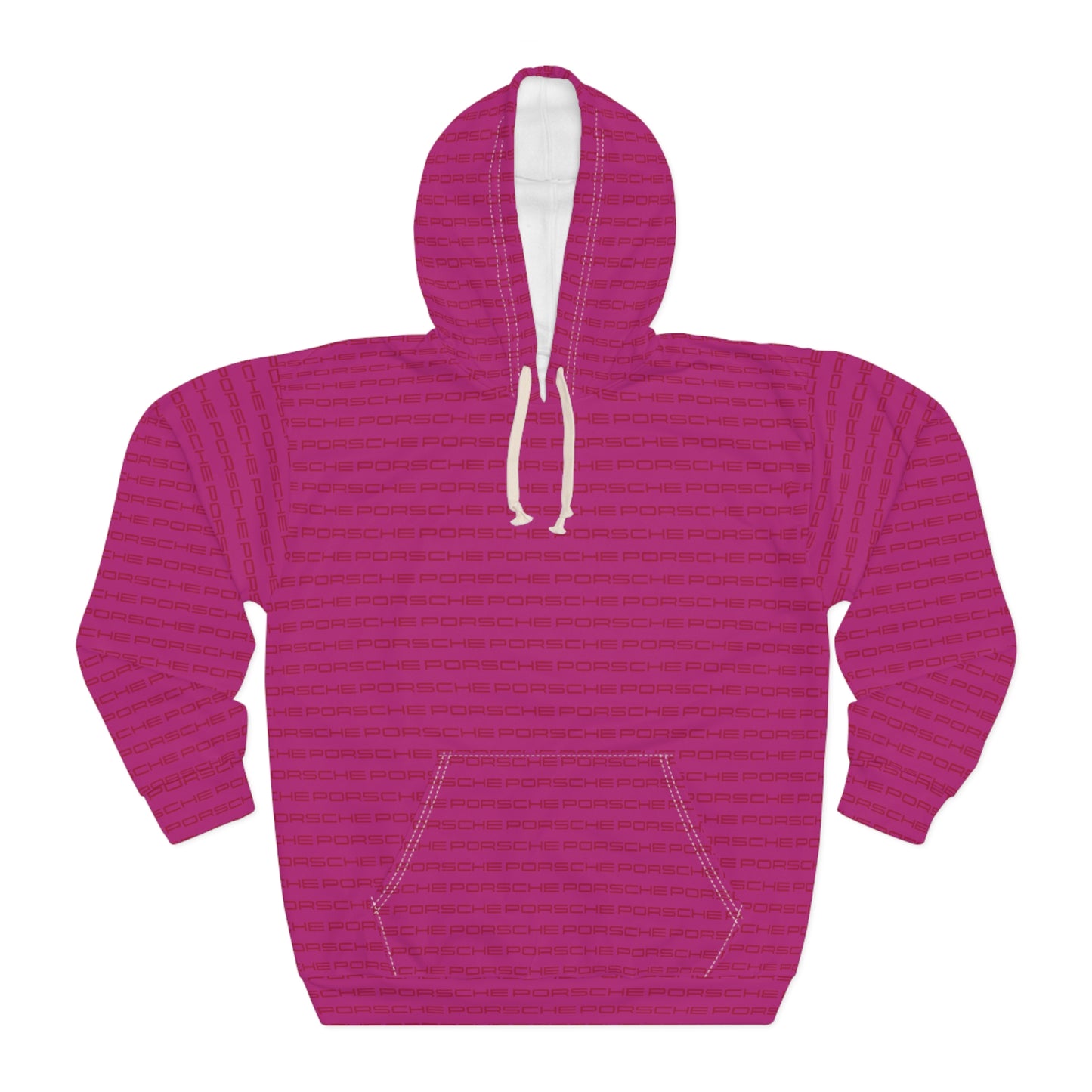 Vibrant Pink Unisex Porsche Logo Pullover Hoodie with Repeated Logo Design